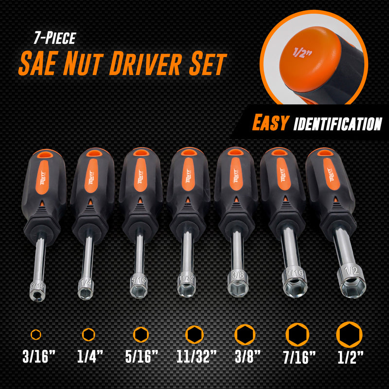 7pc SAE Nut Driver Set – Hollow Shaft Nut Driver Set with Comfort Grip – Hex Nut Driver Set